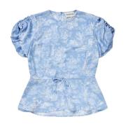 Munthe Elegant Print Ballongärm Blus Blue, Dam