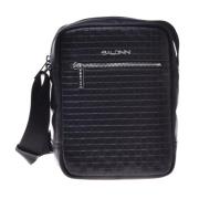 Baldinini Crossbody bag in black woven print leather Black, Herr