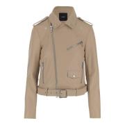 Pinko Läder Bikerjacka med Metallknappar Beige, Dam