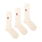 Ami Paris Hjärtstrumpor Tre Pack Off-White Beige, Unisex