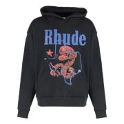 Rhude Bomull Printed Hoodie med Ribbed Detaljer Black, Herr