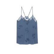 Zadig & Voltaire Blå Silke Camisole med Blommiga Rhinestones Blue, Dam