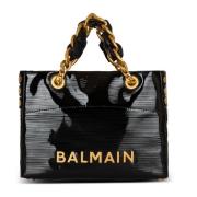 Balmain Liten 1945 mjuk toteväska i randigt lackläder Black, Dam