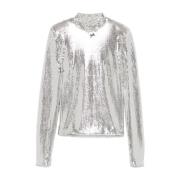 ROTATE Birger Christensen Silver Sequin High Neck Bow Detail Top Gray,...