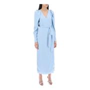 ROTATE Birger Christensen Satin Wrap Midi Klänning Blue, Dam