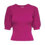 JACQUELINE de YONG Fuchsia Stickad Topp Puffärm Stil Pink, Dam