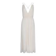 Twinset Ivory Plisserad Midi Klänning med V-ringning White, Dam