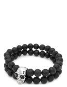 Double Beaded Bracelet With Lava-St , Onyx And Silver Skull Armband Sm...