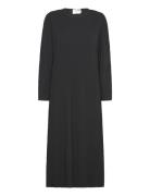 Slfsilla Ls O-Neck Plisse Midi Dress Knälång Klänning Black Selected F...