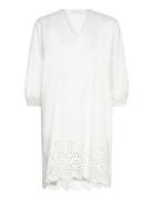 Cotton Dress W/ Embroidery Knälång Klänning White Rosemunde
