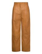 D1. Pleated Leather Pants Bottoms Trousers Leather Leggings-Byxor Brow...