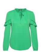 Ruffle-Trim Stretch Jersey Tie-Neck Top Tops Blouses Long-sleeved Gree...