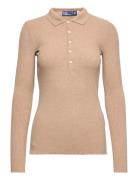 Rib-Knit Long-Sleeve Polo Shirt Tops T-shirts & Tops Polos Beige Polo ...