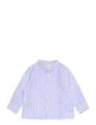 Mango Striped Mandarin-Collar Linen Shirt Blå