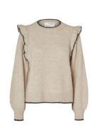 Selected Femme Slfalva Frills Ls Knit O-Neck Beige