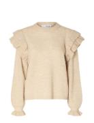 Selected Femme Slflulu Ls Knit Shoulder Frills O-Neck Beige