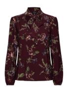 Lauren Ralph Lauren Floral Stretch Jersey Tie-Neck Top Burgundy