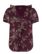 Lauren Ralph Lauren Floral Georgette Puff-Sleeve Blouse Burgundy