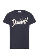 Double A By Wood Wood Ola Kids Script & Badge T-Shirt Marinblå