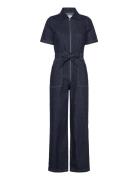 Mango Short-Sleeved Denim Jumpsuit Blå