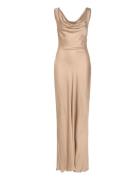 Malina Leah Cowl Satin Maxi Dress Beige